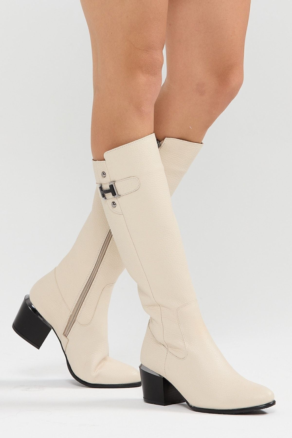 Kadın Hakiki Deri Topuklu, El Yapımı, Fermuarlı, Şık Tasarım Bej Çizme | OBEN AYAKKABI