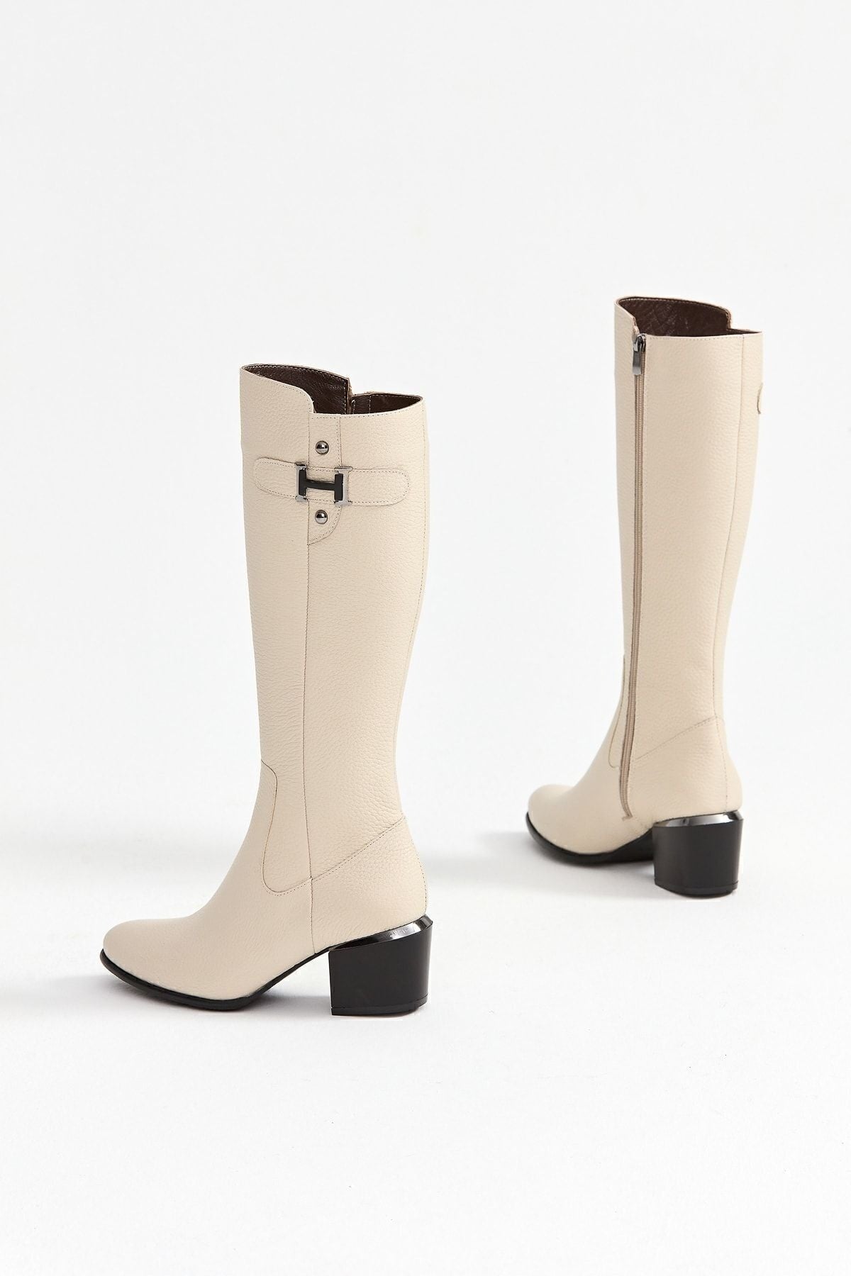 Kadın Hakiki Deri Topuklu, El Yapımı, Fermuarlı, Şık Tasarım Bej Çizme | OBEN AYAKKABI