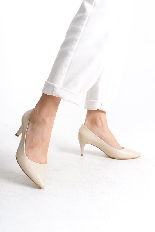 Hakiki Deri Bej Kadın Stiletto | OBEN AYAKKABI