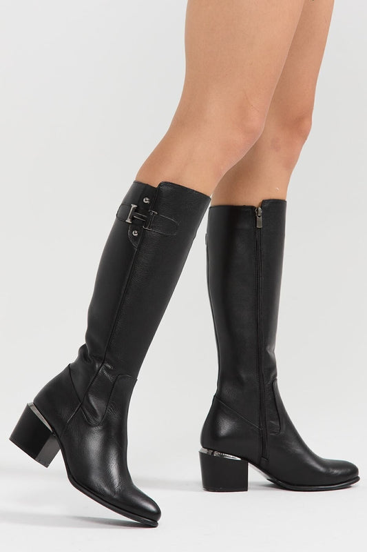 Kadın Hakiki Deri Topuklu, El Yapımı, Fermuarlı, Şık Tasarım Siyah Çizme | OBEN AYAKKABI