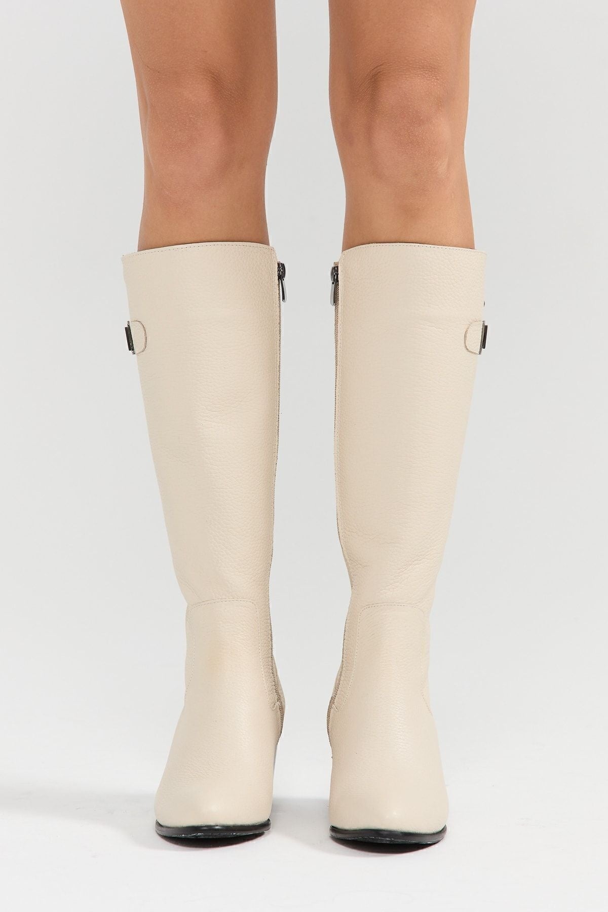 Kadın Hakiki Deri Topuklu, El Yapımı, Fermuarlı, Şık Tasarım Bej Çizme | OBEN AYAKKABI